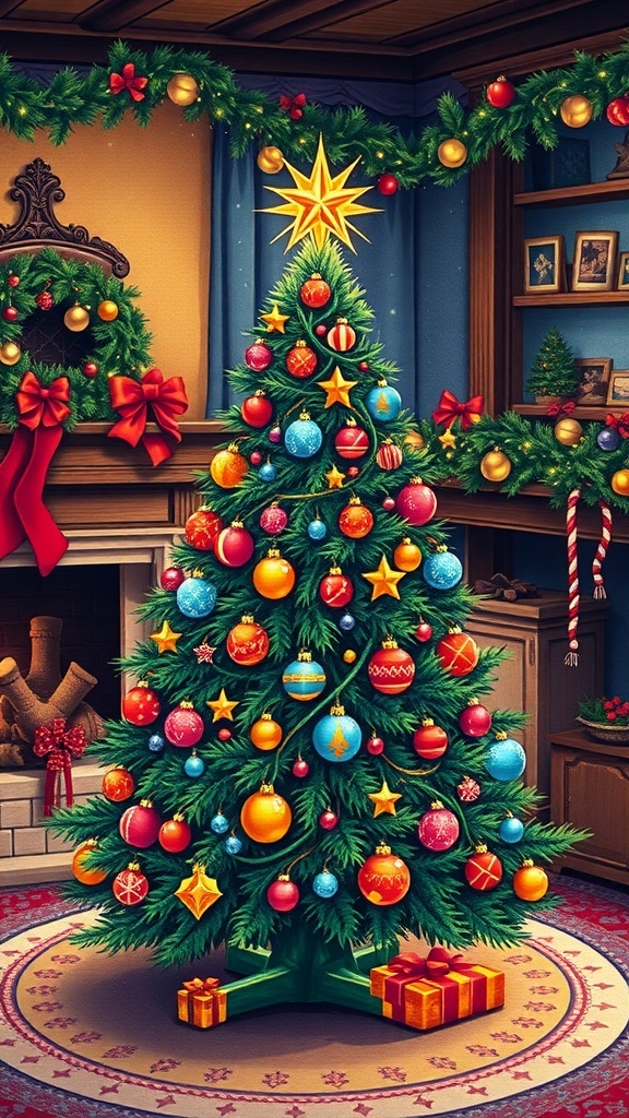 A detailed Christmas tree cross stitch pattern with ornaments and a star, showcasing vibrant colors.